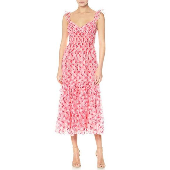 Monique Lhuillier Floral Embroidered Mesh Midi Peony - Picture 2 of 13